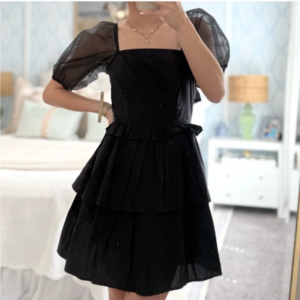 CLEOBELLA Soledad Organza Puff Sleeve & Bow Square Neck Tiered Mini Dress Black - Picture 1 of 8